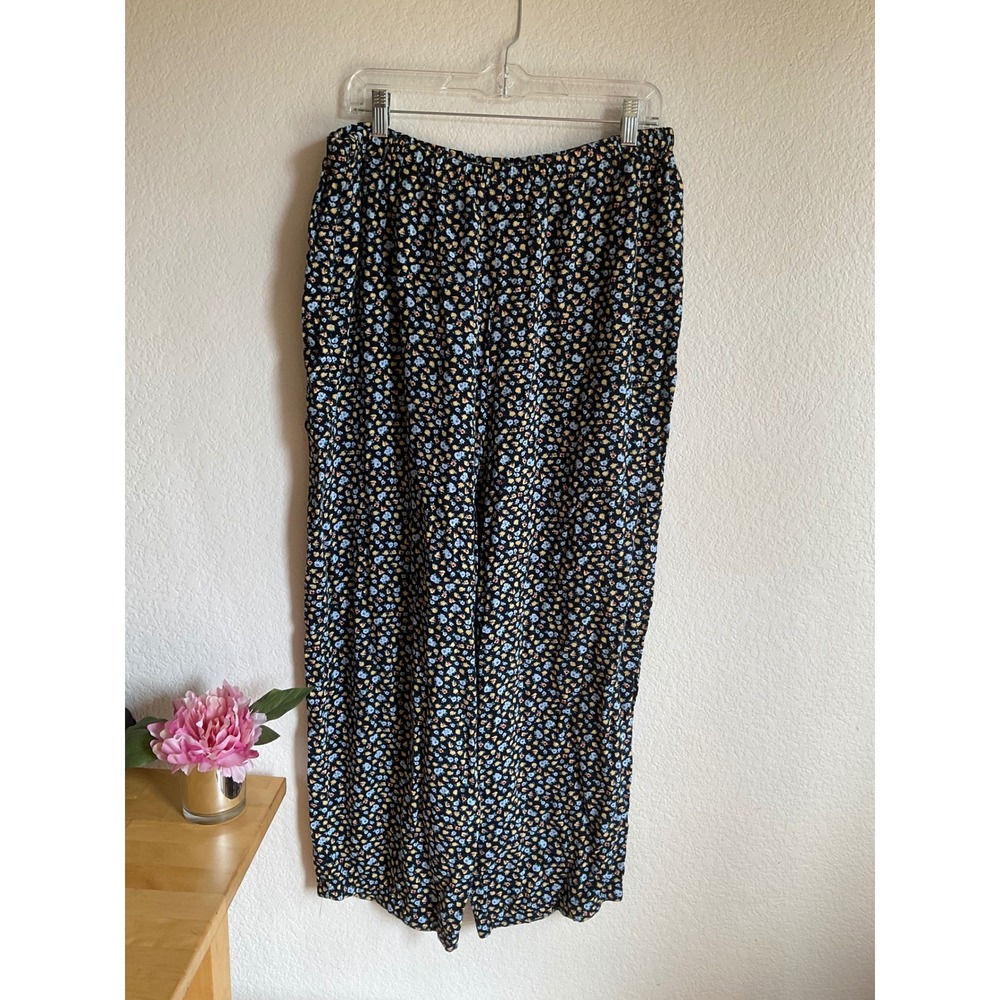 Basic Editions Womens 3X Floral Wide Leg Pants Black Blue Yellow Rayon Elastic